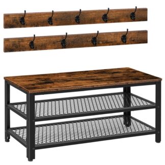 perchero banco de zapatos, 39.4" Banco de almacenamiento de entrada de Hall Tree, Organizador de estante de zapato con ganchos de abrigo, 3-diseño en 1, Muebles de madera con marco de metal, marrón rústico y negro