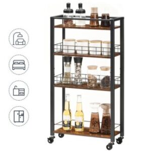 Kitchen storage cart with 4 levels, rustic brown and black narrow serving cart, Industrial spice shelf on wheels, kitchen cart with baskets, for kitchen, bathroom, dining room, laundry room