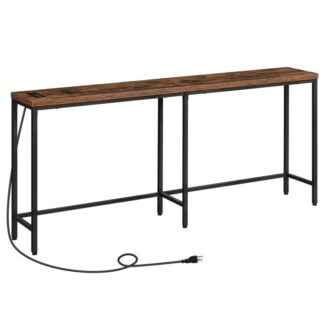 Konsolentabelle mit 2 Steckdosen und 2 USB -Anschlüsse, Extra langer Eingangstisch mit Ladestation, Schmaler Sofa -Tisch hinter Couch, Flur, Wohnzimmer, rustikales Braun