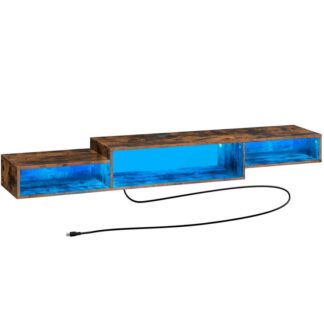 Плаваюча телевізійна підставка для настінної підставки з велосипедною розеткою, 71" Плаваюча телевізійна полиця з світлодіодним, Розважальна полиця медіа -консолі з зберіганням для спальні для вітальні, сільський коричневий