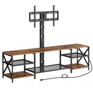 tv stand with mount and power outlet 70.9", entertainment center with swivel tv mount for tvs up to 65", телевізор кріплення з полками для зберігання для вітальні, спальня, сільський коричневий