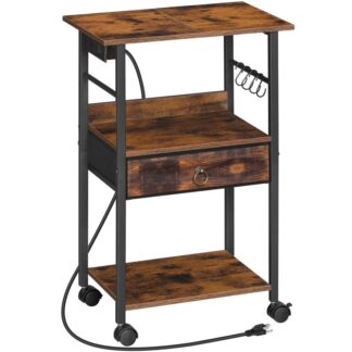 حامل الطابعة مع محطة الشحن, طاولة الطابعة مع التخزين, رف الطابعة مع درج قماش وخطافات على شكل حرف S, 3-حامل طابعة الطبقة على عجلات, للمكتب المنزلي, ريفي البني والأسود