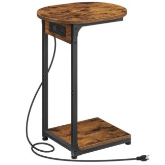 الجدول الجانبي على شكل طاولة نهائية مع محطة شحن, طاولة جانبية على شكل أريكة مستديرة, تنزلق أسفل طاولة الأريكة بإطار معدني للمساحات الصغيرة, غرفة المعيشة وغرفة النوم, ريفي البني والأسود