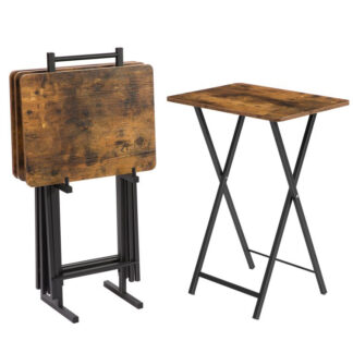 مجموعة صواني تلفزيونية 2, طاولات التلفزيون القابلة للطي, طاولات الوجبات الخفيفة للأكل في الأريكة, جدول الكمبيوتر المحمول الصناعي للمساحة الصغيرة, إطار معدني مستقر, التجميع والتخزين السهل, بني ريفي