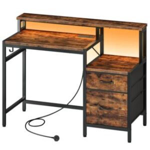 Industrial Computer Desk with Power Outlet, Gaming Desk with LED Lights, Monitor Stand, Office Desk with File Drawers, for Home Office, Study, Living Room