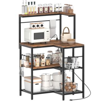 L-förmiges Bäckerregal mit Steckdose, 4-Etagen-Eck-Mikrowellenständer mit Stauraum, Kaffeebar-Station mit 8 Haken, Küchenregal, 2 Installationsmethoden, Rustikalbraun und schwarz