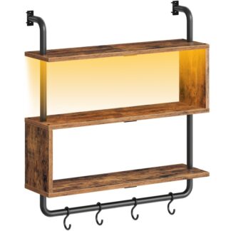 Деревенские коричневые и черные плавающие настенные полки со светодиодными огнями, Стенная стена плавающей полки, установленная для хранения, S Стоят в форме 4 Крючки, Для гостиной, Спальня, Ванная комната, Кухня