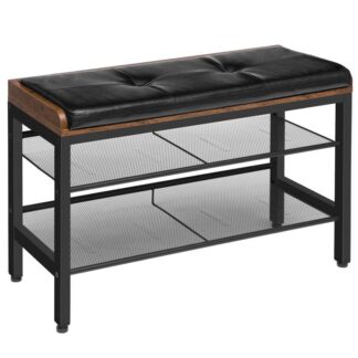 Industrial Shoe Bench, with Removable Cushioned Seat, Padded Storage Bench with 2 Adjustable Mesh Shelves, Shoe Rack, Black Imitation Leather, Comfortable, Hallway, Living Room