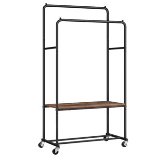 garment rack, rolling clothing rack with shelf, heavy duty double rods clothes rack on wheels, hanging rack for clothes, shoes,storage display,