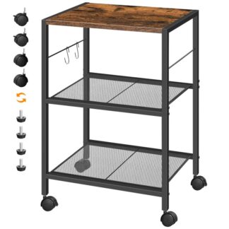 موقف الطابعة, 3-طاولة طابعة الطبقة مع السنانير, عربة الطابعة الصناعية على عجلات, رف آلة التخزين الثقيلة للمكتب المنزلي, بني ريفي أسود