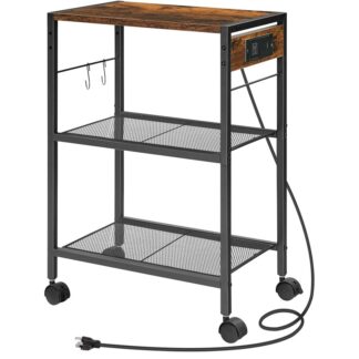 Support d'imprimante industrielle, 3-Tableau des imprimantes mobiles de niveau, Chariot roulant avec prises de courant et ports USB, Support d'imprimante domestique avec 2 Crochets, pour le bureau, Salon, Brun rustique