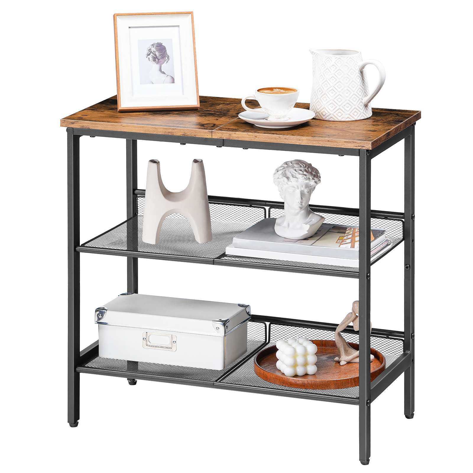 3-Schmaler Beistelltisch Tier, Verstellbarer Regal-Beistelltisch, Multifunktionaler Nachttisch für kleine Räume, Flur, Wohnzimmer und Schlafzimmer, Robuste Konstruktion, Einfache Montage, Rustikales Braun & Schwarz