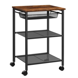 موقف الطابعة, 3-عربة طابعة الطبقة مع درج شبكة قابل للتعديل, طاولة طابعة رف التخزين الثقيلة على عجلات,للمكتب المنزلي, بني ريفي أسود