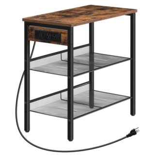 Schmaler Endtisch mit Ladestation und USB -Anschlüssen, 3-Tier -Nachttisch mit 2 flache oder schräge verstellbare Regale, Beizertisch für kleinen Raum im Wohnzimmer, Schlafzimmer, rustikales Braun
