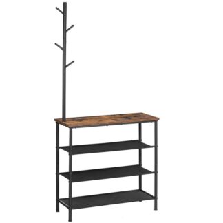 رف الحذاء رف معطف, 4 رف أحذية مدخل الطبقة, حامل الأحذية والمعطف, 2-في 1, متعدد الوظائف, قوي ودائم, النمط الصناعي للدخول, خزانة بنية ريفية