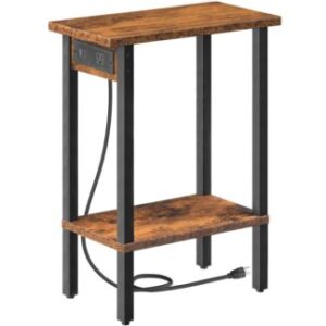 Rustic Brown and Black End Table with Charging Station, 2-Tier Narrow Side Table, Slim Bedside Table with Open Storage, Skinny Nightstand for Living Room, Small Spaces, Bedroom