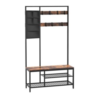 frakke rack sko bænk, Hall Tree Entryway Storage Bench, Organisator for opbevaringshylde, 6 Opbevaringslomme, 9 aftagelige kroge, Industrielle accentmøbler, metalramme