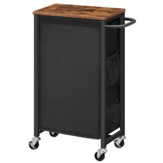 Portabiancheria su ruote, Cesto per la biancheria con ruote, Portabiancheria con tasche laterali e maniglia, Borsa in tessuto Oxford, Salvaspazio, Rustico marrone e nero