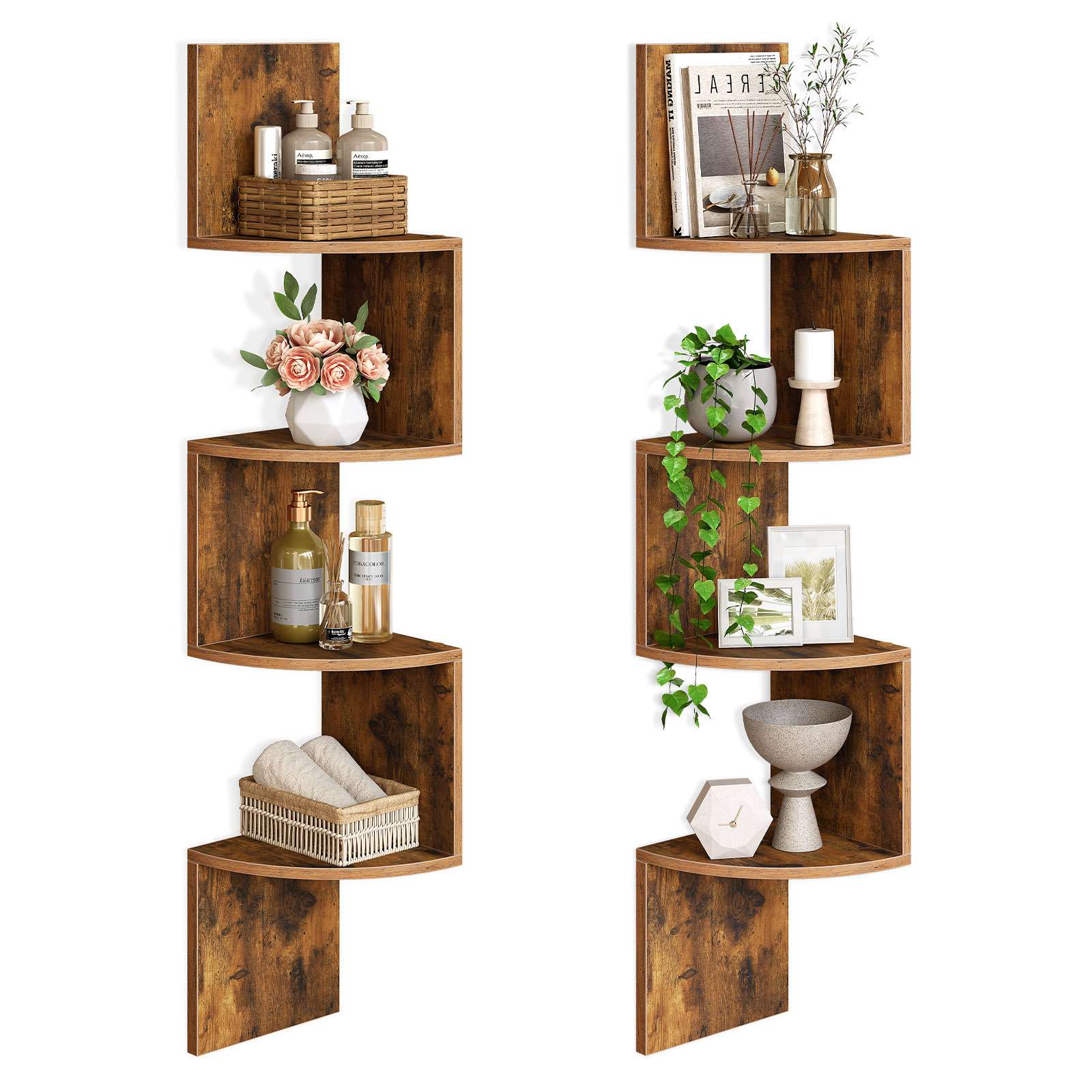 مجموعة من 2 Wall-Mounted Corner Floating Shelves, 4-Tier Zigzag Storage Racks, Multi-Scenario Organizer for Living Room, غرفة نوم, حمام & مكتب البيت, Rustic Brown Finish