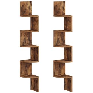 Угловая полка, установленная на стене, Набор 2 Плавающие угловые полки, 5-Книжные полки ярус, Спальня, Ванная комната, Домашний офис, Рустик Браун