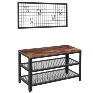 مقعد الحذاء, رف الأحذية الصناعية, 3-رف أحذية الطبقة مع مقعد, رف معطف منفصل مع 5 السنانير القابلة للإزالة, إطار معدني مستقر للدخول, غرفة المعيشة, المدخل, التجميع سهل