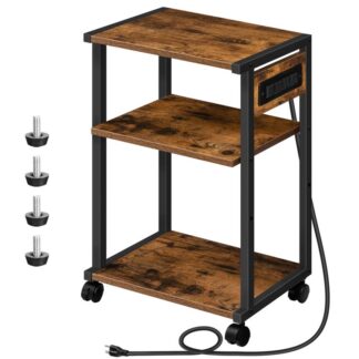 industrial printer stand with charging station, 3-tier printer table, rolling printer cart with adjustable shelf and hook, rustic brown and black