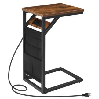 طاولة جانبية على شكل حرف C مع محطة شحن, طاولة جانبية للأريكة مع حقيبة تخزين, طاولة جانبية للوجبات الخفيفة للمساحات الصغيرة, اطار معدني, لغرفة المعيشة, غرفة نوم, ريفي البني والأسود