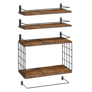 4+1 Плавающие полки, полки ванной комнаты над туалетом с корзиной для хранения проводов, настенная плавающая полка для декора стены, настенная полка для ванной гостиной кухня деревенская коричневая