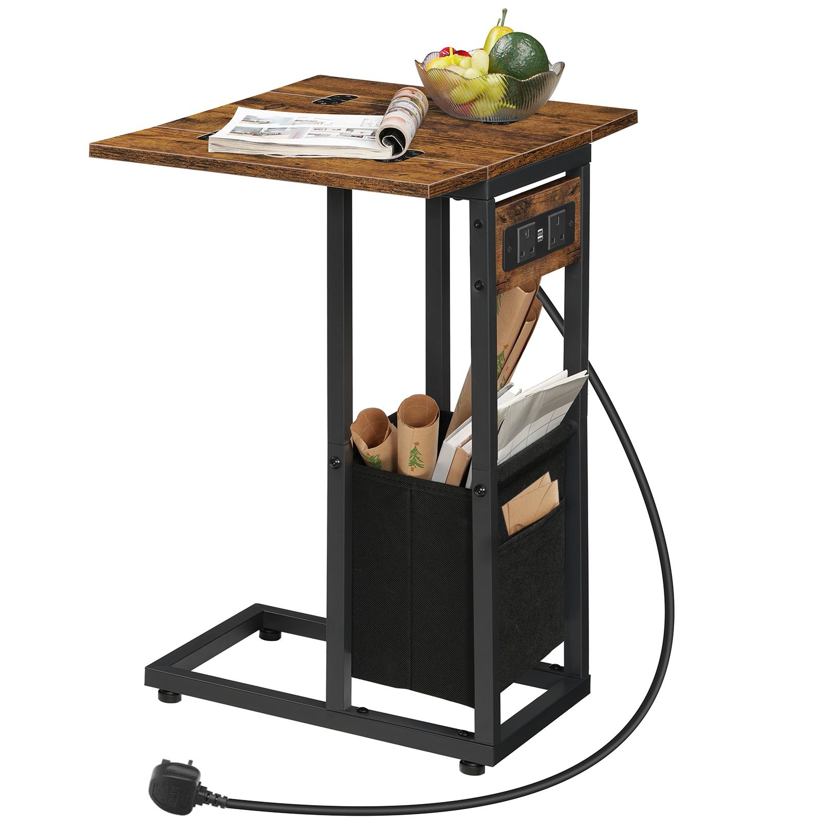 c shaped side table, sofa side table with charging station, foldable laptop table for sofa, 2 usb ports and 2 ac outlets, bedside table with fabric bag, rustic brown and black