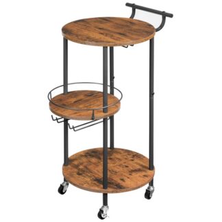 Barvogne med 3-lags opbevaringshylder, Mobil bar serveringsvogn med vinstativ og glasholder, til hjemmet, Køkken, Stue, Spisestue, Rustik brun
