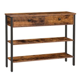 mesa de consola, mesa del pasillo con 2 cajones y 2 estantes, mesa de sofá con marco de metal resistente, para la entrada, pasillo, sala de estar, marrón vintage/negro