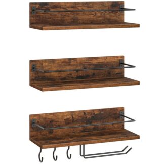 настенная винная стойка 3 пакет, винная полка висит плавучие настенные полки, Держатель стеклян, Для гостиной, столовая, кухня, деревенский коричневый и черный