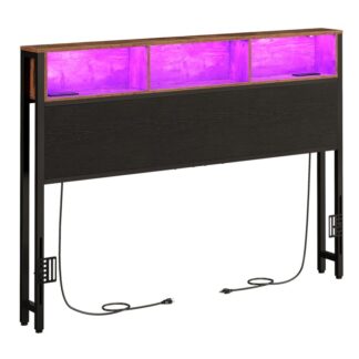 Изголовье размера королевы со станцией зарядки, Светодиодный свет, Хранилище, Индустриальный стиль, Регулируемая высота, Рустик Браун & Черный