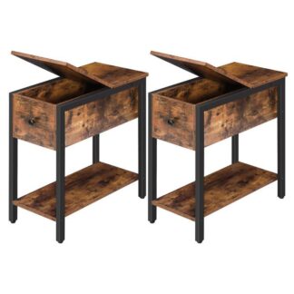 مجموعة الجداول الجانبية من 2, طاولة نهائية فليب مع رف التخزين, منضدة ضيقة للمساحات الصغيرة, بناء مستقر وقوي, بني ريفي