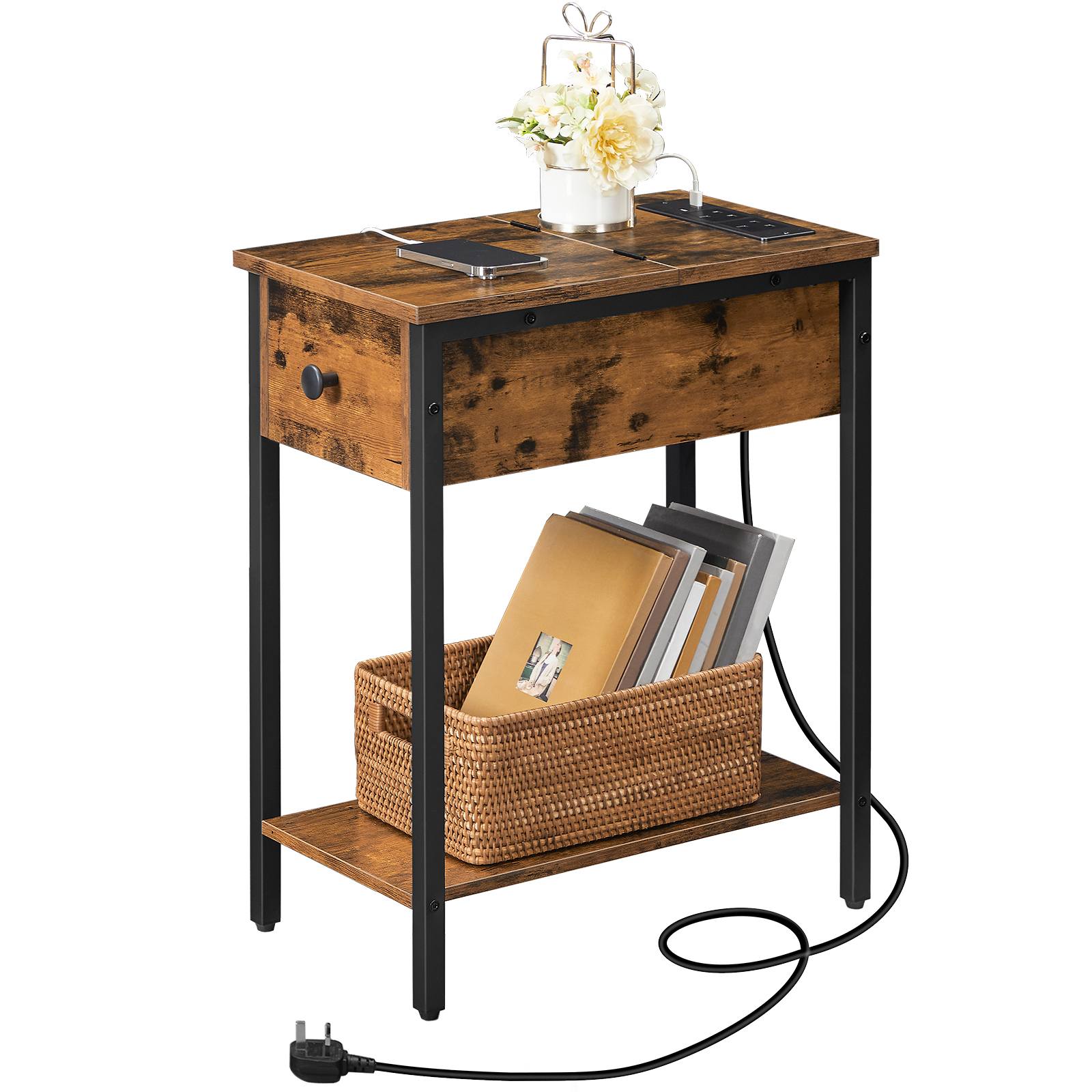 narrow side table, slim bedside table with charging station, usb ports & power outlets, nightstand for living room, bedroom, flip top, rustic brown and black