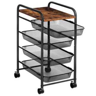 Carrinho de armazenamento de cozinha, 4 Carrinho de rolamento de camada com rodas, Carrinho de barra industrial, Carrinho de utilidade trancável com cestas de malha para espaço estreito no banheiro da sala de jantar, marrom rústico e preto,