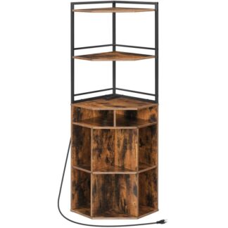 Corner Cabinet with USB Ports and Outlets, Corner Storage Cabinet with Charging Station, Corner Cube Bookshelf, Wooden Display Bookshelf for Small Space, Living Room, Rustic Brown