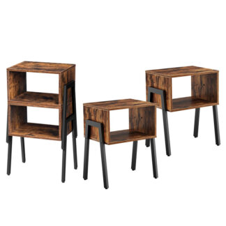 natborde sæt af 2, Stabelbar slutbord, sidebord, Sengborde med åben opbevaringshylde, til soveværelse, stue, Rustik brun