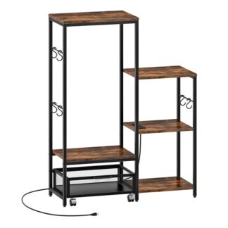 Industrial Kitchen Bakers Rack with Power Outlet, Rustic Brown and Black Mini Fridge Stand with Movable Storage Basket, Microwave Stand Coffee Bar with 6 S-Shaped Hooks, for Home, Office, Dorm
