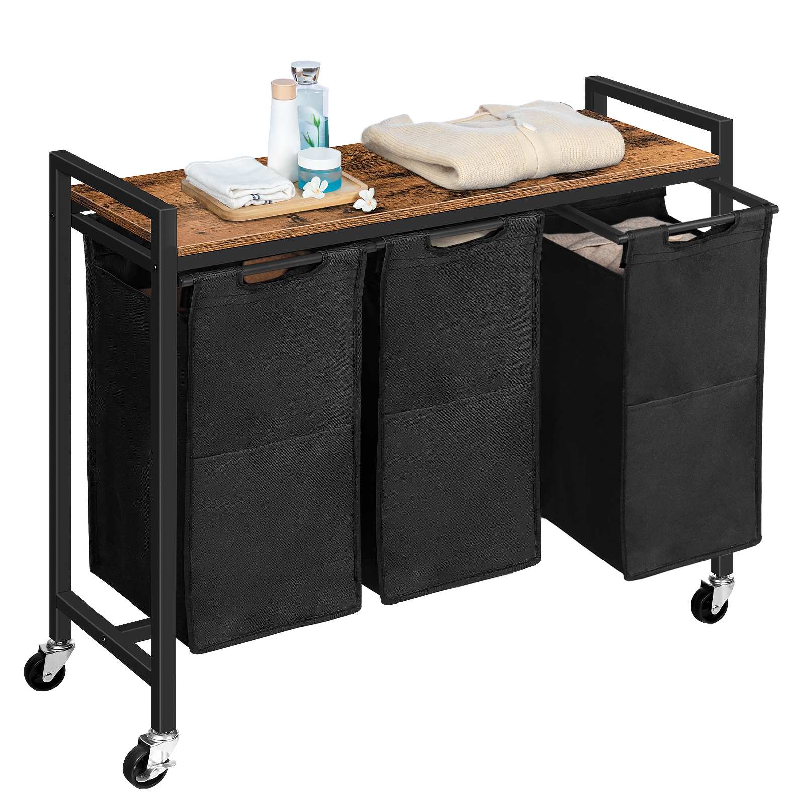 laundry hamper, laundry sorter 3 section, laundry basket with wheels, 3 x 10.5 gal (39.8l), rolling cart, pull-out and removable oxford fabric laundry bags, rustic brown and black