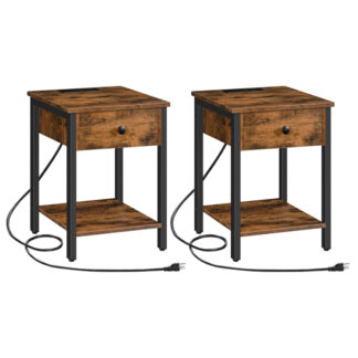 Satz von 2 Endtische mit Ladestation und USB -Anschlüssen, Nachttisch mit Schubladen und Lagerregal, Nachttisch für kleine Räume, Schlafzimmer, rustikalbraun und schwarz