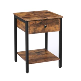 منضدة سرير, 2-جدول نهاية الطبقة, الجدول الجانبي الصناعي مع الدرج ورف التخزين, طاولة لهجة خشبية مع إطار معدني, لغرفة المعيشة, غرفة نوم, التجميع سهل, بني ريفي أسود