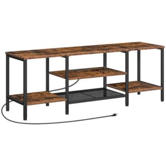 телевізійна підставка з пунктами живлення 65 дюймів, Стіл консолі телевізора з відкритими поличками зберігання, Центр розважальних медіа -розважальних медіа для спальні для вітальні, сільський коричневий і чорний