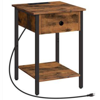 nightstand with charging station, end table with 2 outlets and 2 usb ports, side table with drawer and open shelves, small space end table, for bedroom, rustic brown