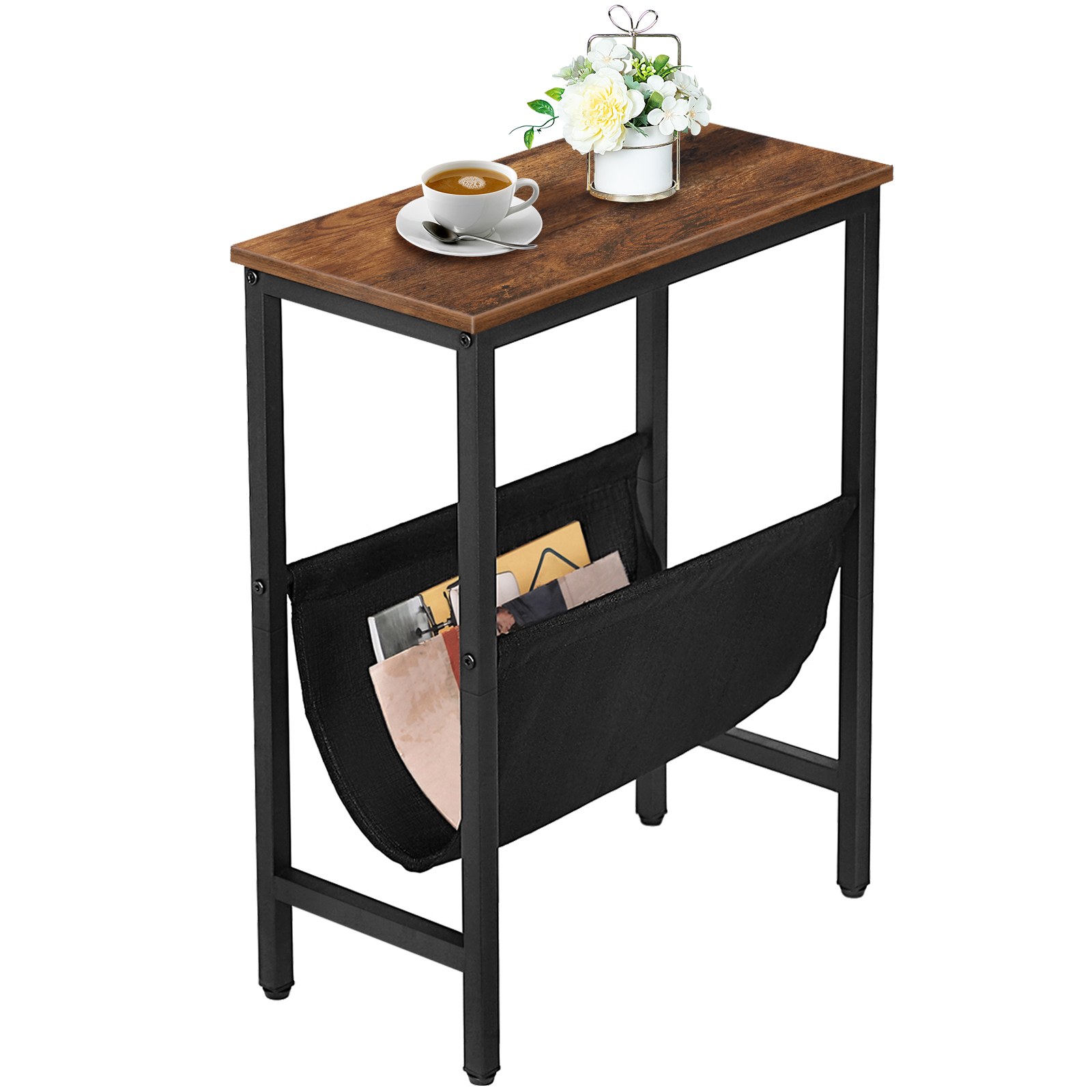 narrow lamp table, side table for small spaces, slim nightstand with magazine holder, modern skinny sofa table, width bedside table, snack couch table, rustic brown and black