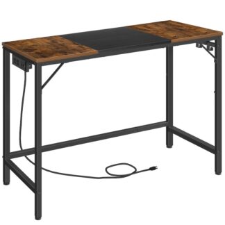 HOOBRO Computer Desk, Home Office Desk with Power Outlet, Modern Study Writing Desk with 3 Hooks for Study Room, Home Office, Sturdy and Stable, Easy to Assemble, Rustic Brown and Black