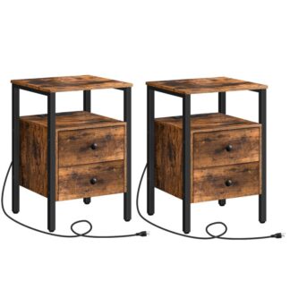 End Table with Charging Station and USB Ports, Side Table with Drawers and Storage Shelf, Set of 2, Bedside Table for Small Spaces, Living Room, Rustic Brown