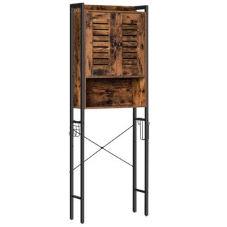 Au-dessus du meuble de rangement des toilettes, Organisateur de rangement de masse au-dessus des toilettes et de la salle de bain avec porte à persiennes, Cadre en métal en forme de X, Support de toilette peu encombrant, Assemblage facile, Brun rustique
