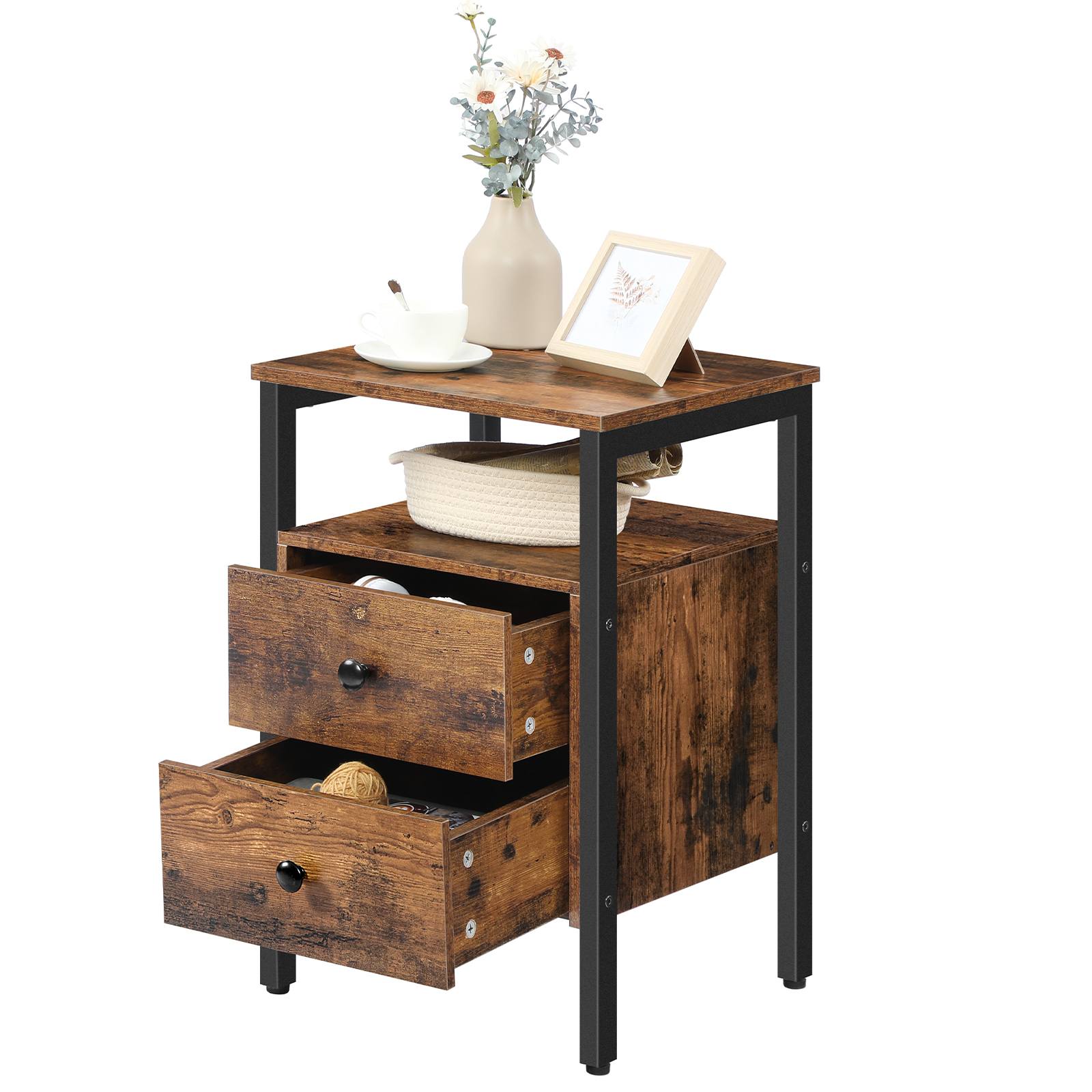 διανυκτέρευση, κομοδίνο με 2 συρτάρια και ράφια αποθήκευσης, τραπέζι πλευρικού άκρου, καναπέ τραπέζι για σαλόνι, υπνοδωμάτιο, Έπιπλα, Εύκολη συναρμολόγηση, ρουστίκ καφέ και μαύρο