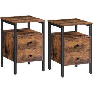 end tables set of 2, bedside table with 2 drawers and storage shelves, side end table, nightstands for living room, bedroom, accent furniture, easy assembly, rustic brown and black